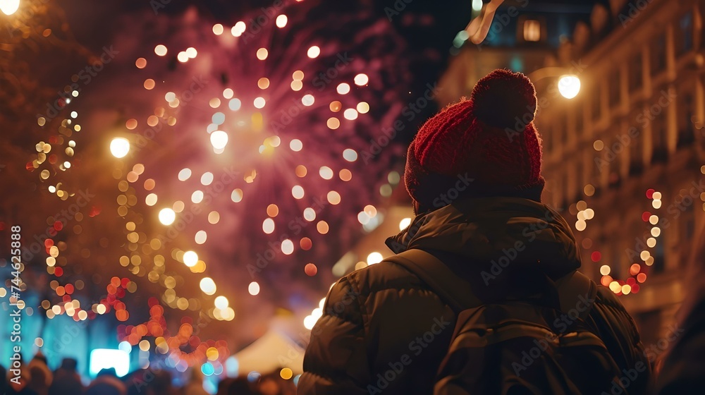 Spectator in warm winter clothes enjoying nighttime fireworks display Spectator in warm winter clothes enjoying nighttime fireworks display