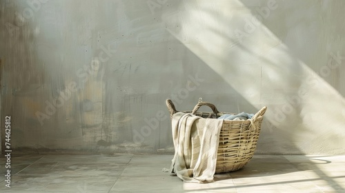 Basket with dirty laundry on floor against light wall