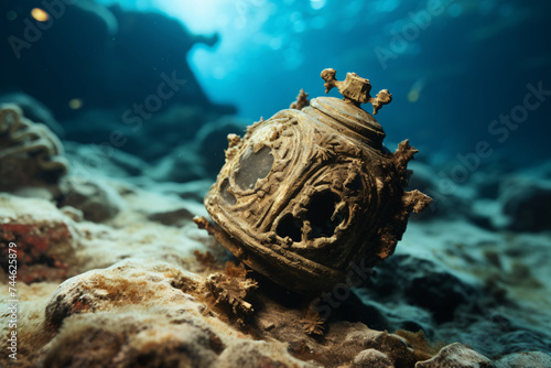 scuba diver underwater exploring ancient amphoras