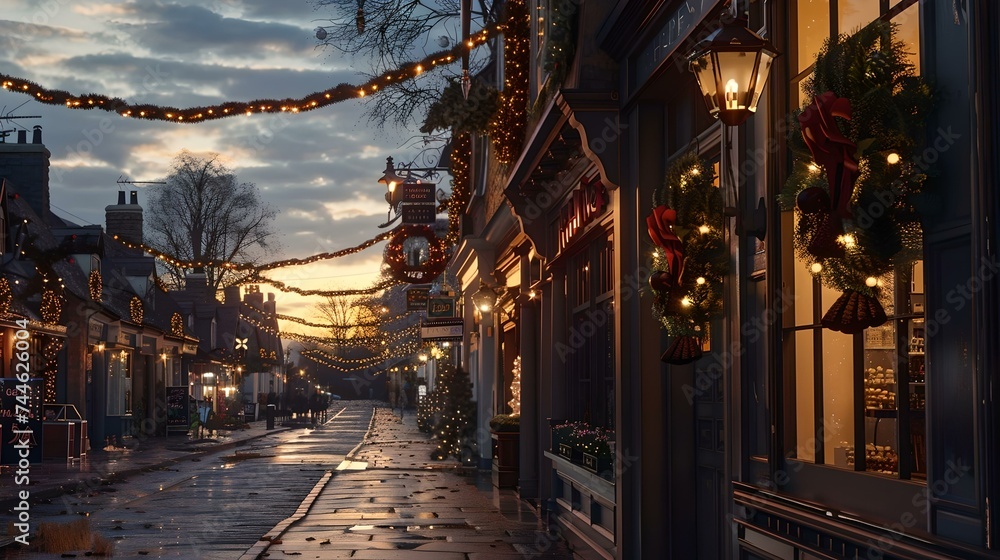Charming twilight atmosphere in a quaint european street decorated for christmas