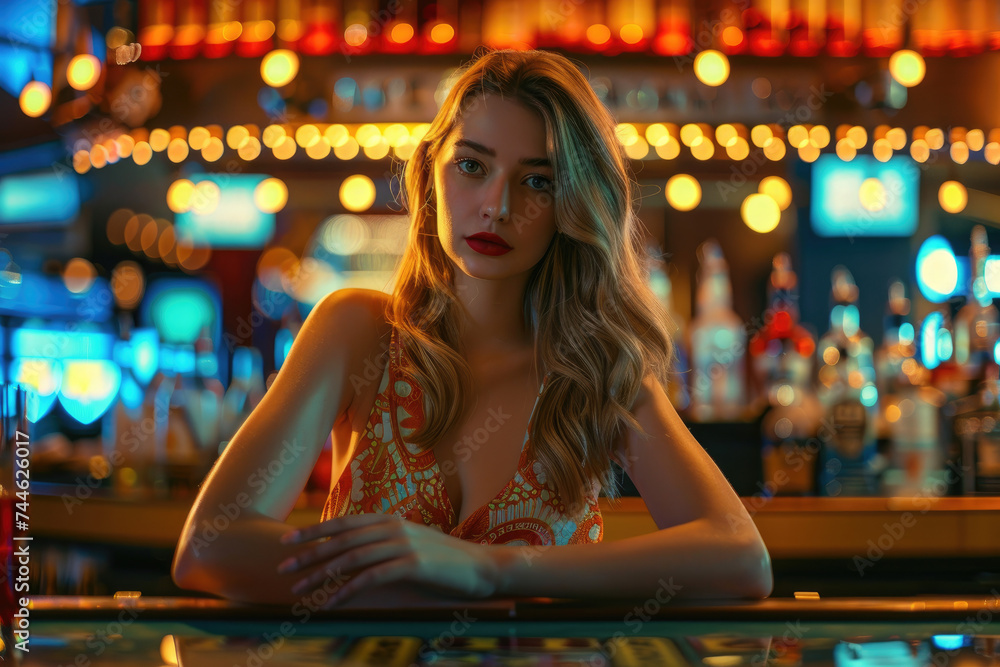 beautiful young woman behind bar in a casino night club