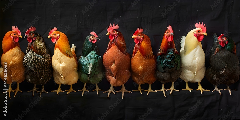 A diverse array of colorful chicken breeds against a black background. Concept Chicken Photography, Colorful Breeds, Black Background, Diverse Array, Animal Portraits - obrazy, fototapety, plakaty 
