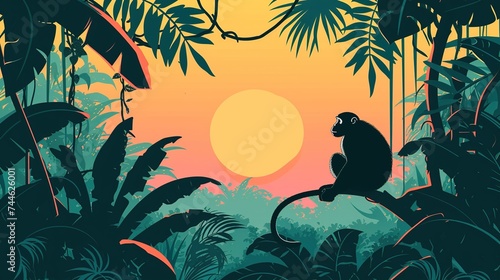 An introspective monkey at sunset, set in a lush tropical backdrop, a vibrant illustration suitable for environmental or wildlife education, with space for text.