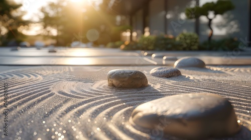 Tranquil zen garden at sunset with raked sand and smooth stones