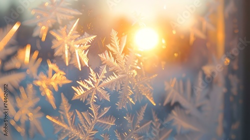 Warm sunlight glimmering through frosty winter window ice crystals