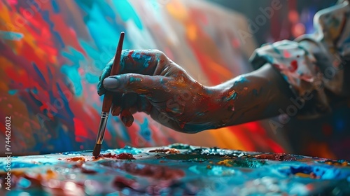 Artist's hand covered in paint expertly crafting a colorful canvas masterpiece