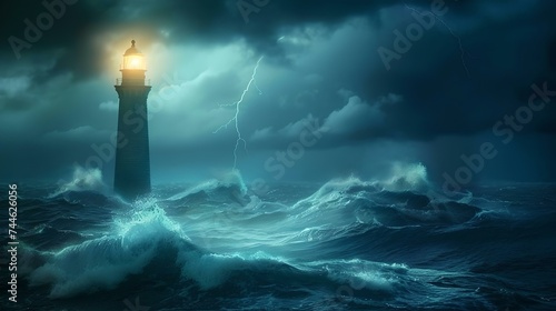 Solitary lighthouse standing tall amidst stormy sea and lightning