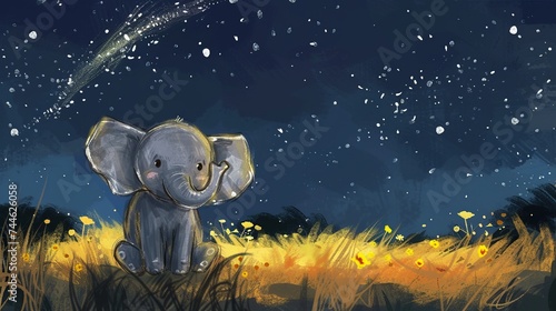 A charming elephant calf under a shower of stars, a whimsical children's illustration perfect for educational or bedtime story themes, with space for text.