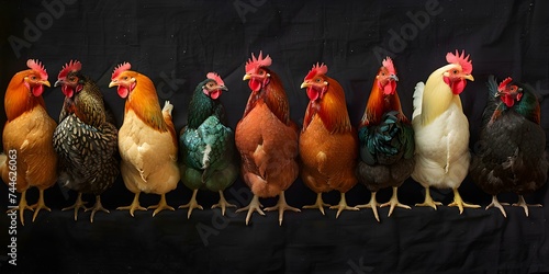 A diverse array of colorful chicken breeds against a black background. Concept Chicken Photography, Colorful Breeds, Black Background, Diverse Array, Animal Portraits photo