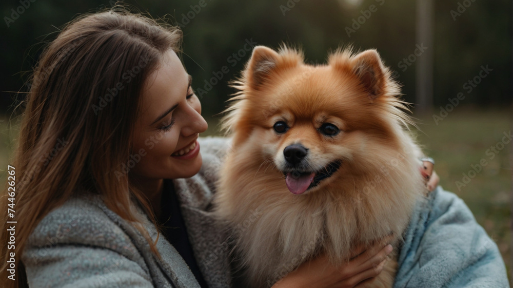Young woman poses with her pomeranian dog in the garden and hugs him affectionately Young woman poses with her pomeranian dog in the garden and hugs him affectionately
