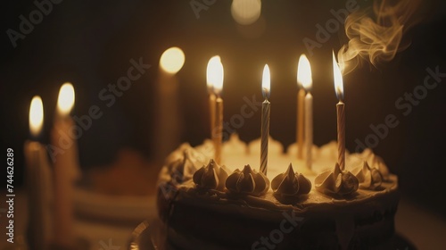closeup of some unlit candles and just one lit candle after blowing out the cake photo