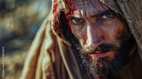 Close-up portrait of a serious face of Jesus with a beard and shawl looking at camera. Blood on his face