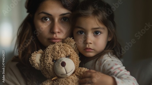 The mother and daughter are posed with a teddy bear in this portrait