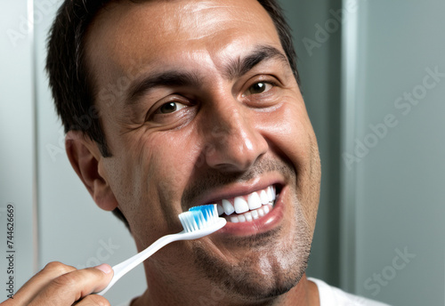 The process of brushing teeth with a toothbrush. Home hygiene procedures.