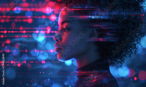 AI cyber security threat illustration, black african american IT specialist, artificial intelligence collage photo