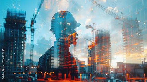 Future building construction engineering project concept with double exposure graphic design. Building engineer, architect people or construction worker working with modern civil equipment photo