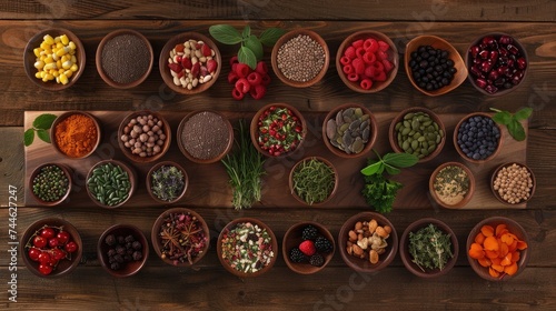 Health food for fitness concept with immune boosting properties with fruit, vegetables, herbs, spice, grains, pulses. High in anthocyanins, antioxidants, smart carbs, omega 3, minerals, vitamins. © buraratn