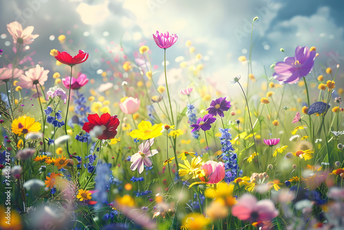 Wild flowers on a flower meadow in spring. Generative AI.