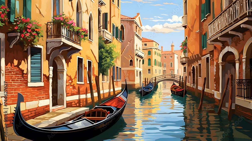 Panoramic view of Venice with gondolas, Italy.
