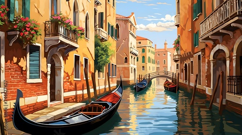 Panoramic view of Venice with gondolas, Italy. © I