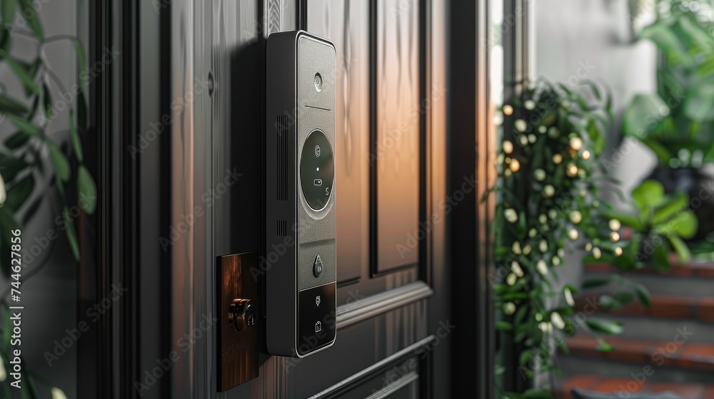 A slim rectangle smart lock with round LCD screen fix on the door, light gray plastic material. Generative AI. A slim rectangle smart lock with round LCD screen fix on the door, light gray plastic material. Generative AI.