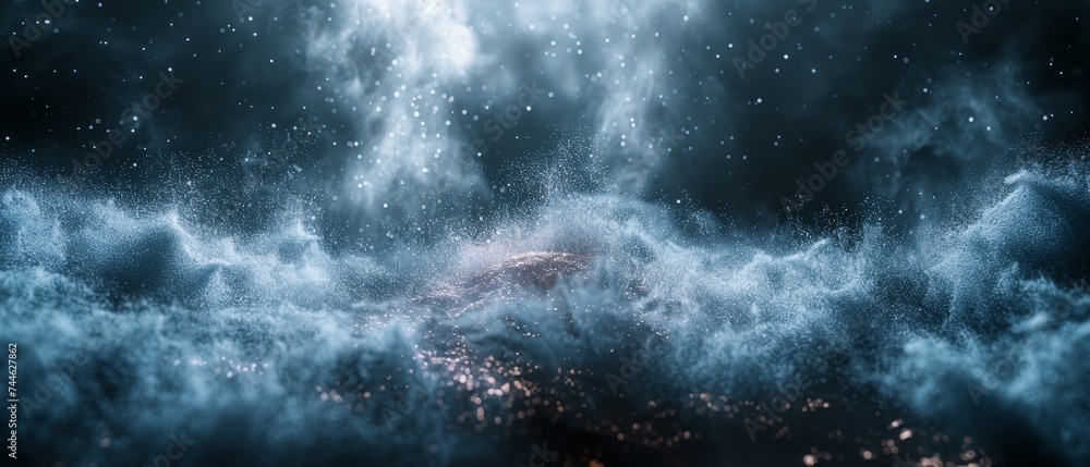 The motion of white powder exploding is frozen on a black, dark background. White dust clouds are abstractly designed. Particles explosion wallpapers with copy space. Concept of planet creation. - obrazy, fototapety, plakaty 