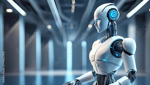 humanoid robot stand in room with copy space; work and business futuristic concept