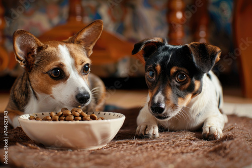 cat and dog cautiously eyeing the food in a bowl