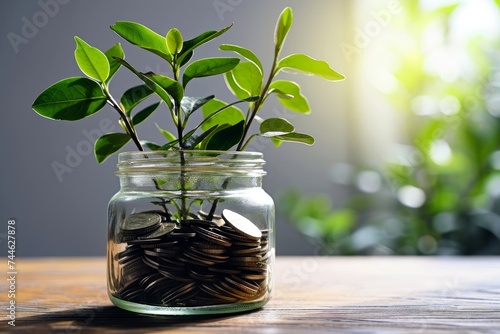 Thriving green plant growing in clear jar filled with coins, socially responsible investing with strong environmental, social and corporate governance, Generative AI