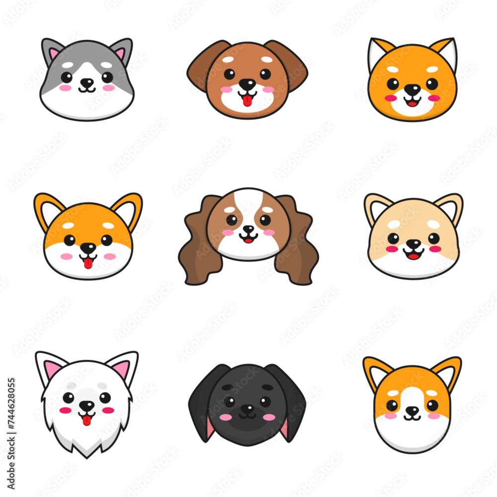 Fototapeta premium Cartoon set cute dog faces flat design illustration