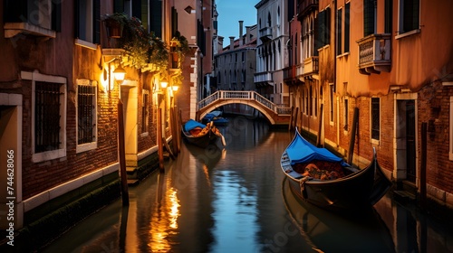 Canal in Venice at night, Italy. Panoramic view © I