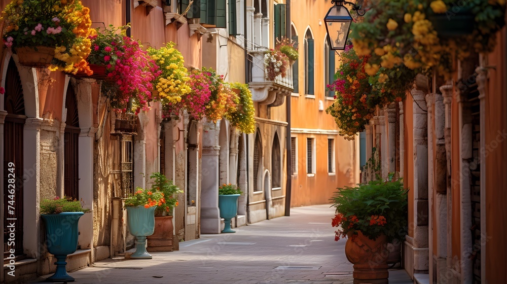 Street with flowers in Venice, Italy. Panoramic image.