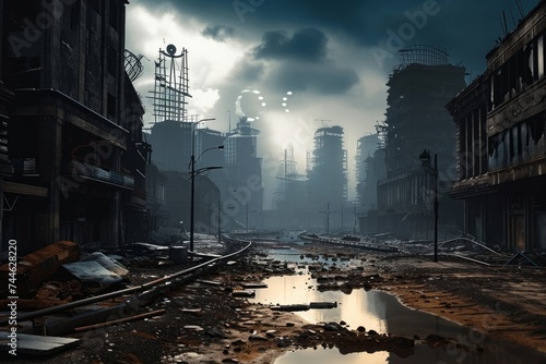 War-torn, post-apocalyptic cityscape with dilapidated buildings and desolate atmosphere under ominous skies, Generative AI photo