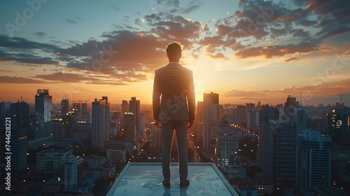 Rear view. Male top manager stands on the roof of an office building, looks at the city landscape. Generative AI. photo