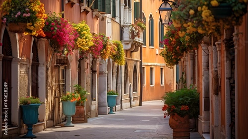 Street with flowers in Venice, Italy. Panoramic image.