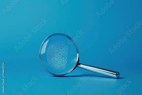 Magnifying Glass searching finger print blue background concept fingerprint biometric identity, search for evidence, search, arrest, or evidence in a case