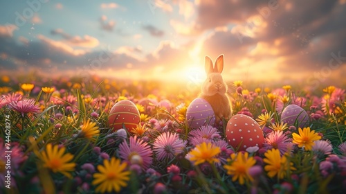 Grassy field with bunny ears behind blue sky and decorated eggs on a flowery background