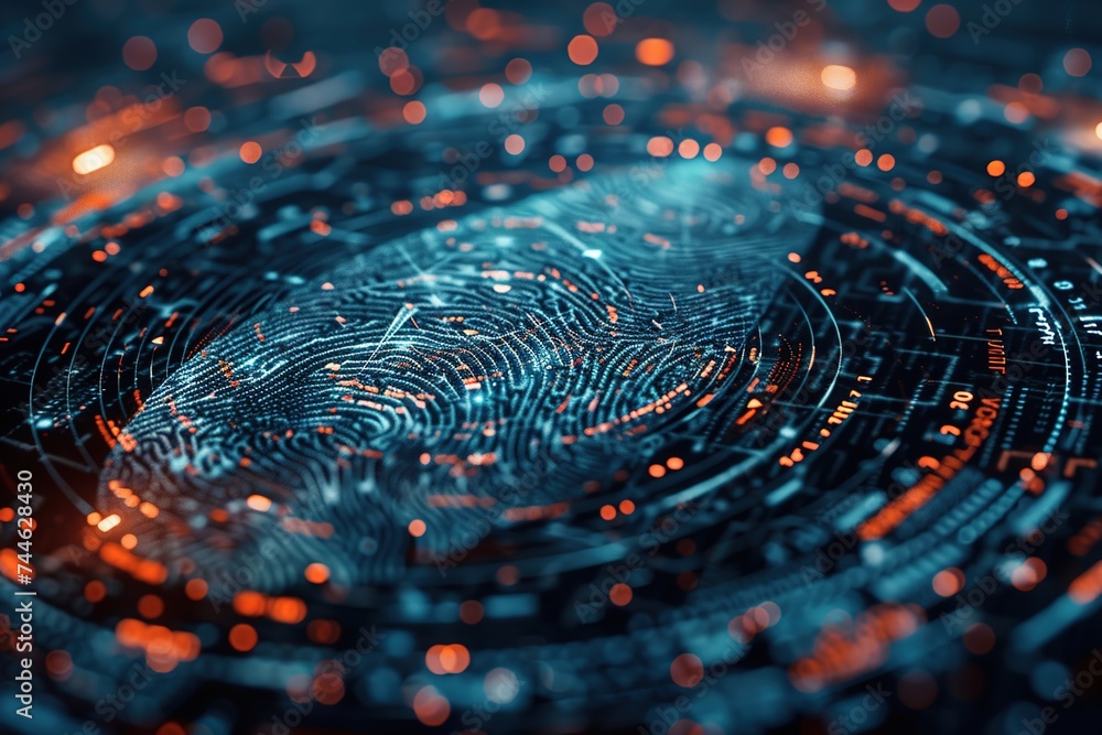 digital scan fingerprint biometric identity fingerprint circuit board background. Concept. Scanning system. cyber security or Cyber Security Network Futuristic Background