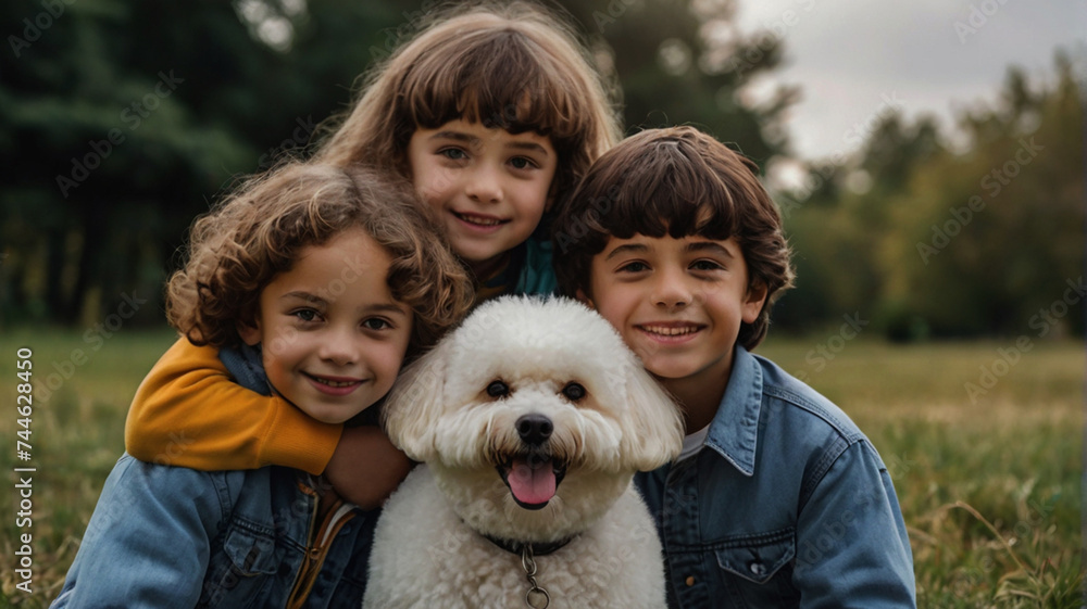 Kids poses with his Bichon Frise dog in the garden and hugs him affectionately Kids poses with his Bichon Frise dog in the garden and hugs him affectionately