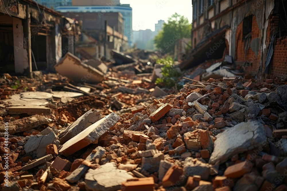 Rubble of collapsed buildings after a catastrophe, Generative AI