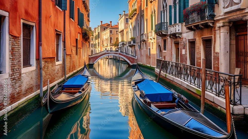 Gondolas on the Grand Canal in Venice, Italy. Panoramic view
