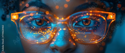 The reflection of eyeglasses on an engineer's reflection of AI technology