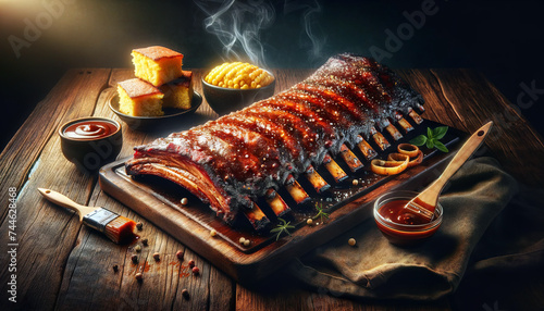 Succulent barbecue ribs smothered in sauce on a cutting board, with steam rising, accompanied by corn, cornbread, sauce, and a basting brush.Food concept.AI generated. photo