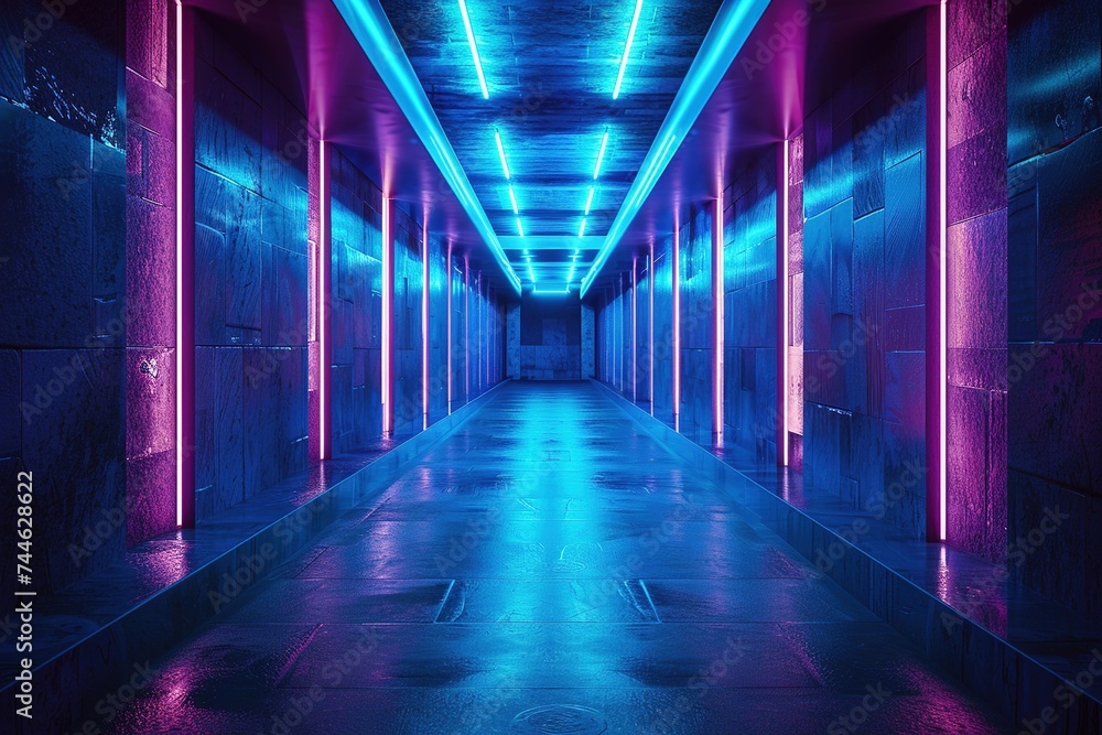 Perspective Colorful Empty space, neon lights, Futuristic, modern interior, future room style, sci-fi, hi-tech, background, 3D rendering.