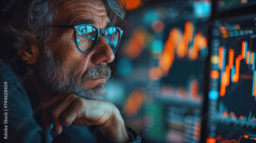 Worried individual starring at fluctuating stock market graphs and retirement calculator. Generative AI. Worried individual starring at fluctuating stock market graphs and retirement calculator. Generative AI.