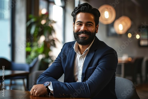 Cheerful South Asian entrepreneur businessman with a beard, wearing a navy suit, seated in a modern office, Generative AI