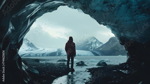 Photo of man standing under an opening in the ice cave while walking beneath a glacier