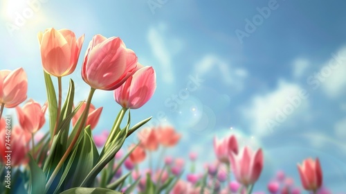 spring flowers banner - bunch of pink tulip flowers on blue sky background