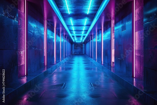Perspective Colorful Empty space, neon lights, Futuristic, modern interior, future room style, sci-fi, hi-tech, background, 3D rendering.