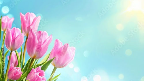 spring flowers banner - bunch of pink tulip flowers on blue sky background